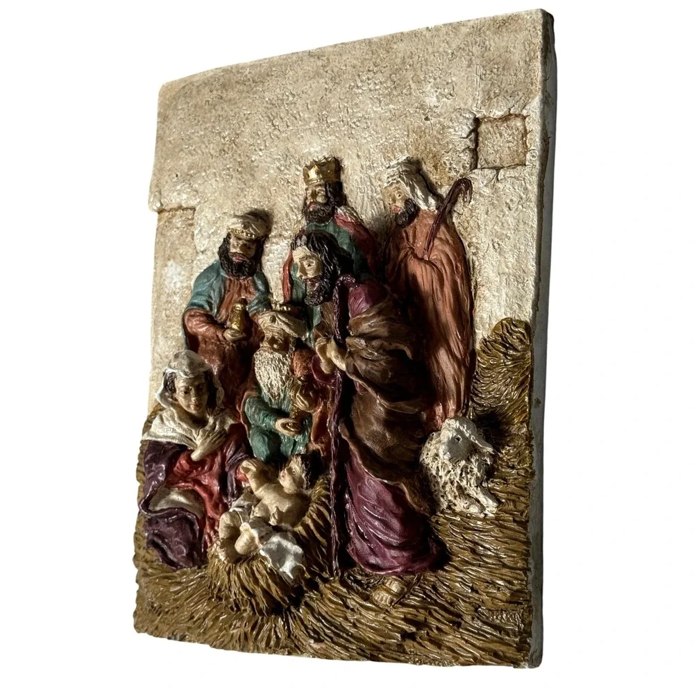 Nativity Scene Wall Plaque Vintage Baby Jesus Birth Lamb Religious Art Christmas